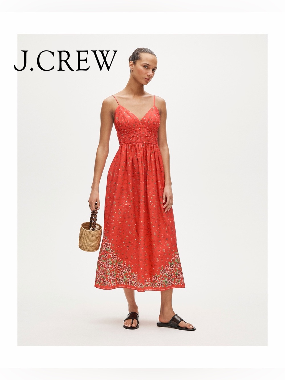 🆕 NWT J.Crew Smocked-waist V-neck dress in map print, California Poppy size 6